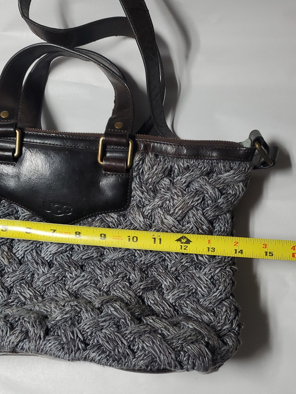 UGG Gray Knit & Brown Leather Cross-Body Bag Chunky Knit Purse Travel - Picture 11 of 13